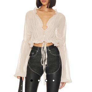 Sheer Ruffle Tie-Front Blouse in Cream